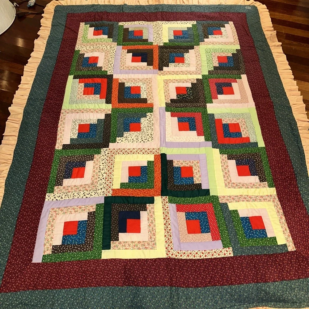 Handmade Log Cabin Quilt Patchwork‎ Colorful Multi  color 85x65